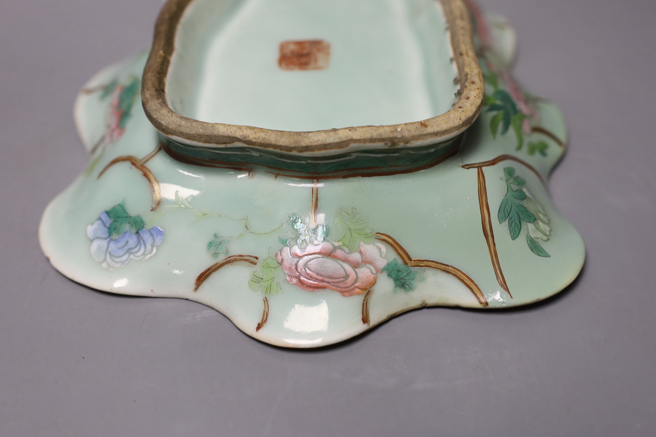 A 19th century Chinese famille rose celadon ground dish - 26.5cm long